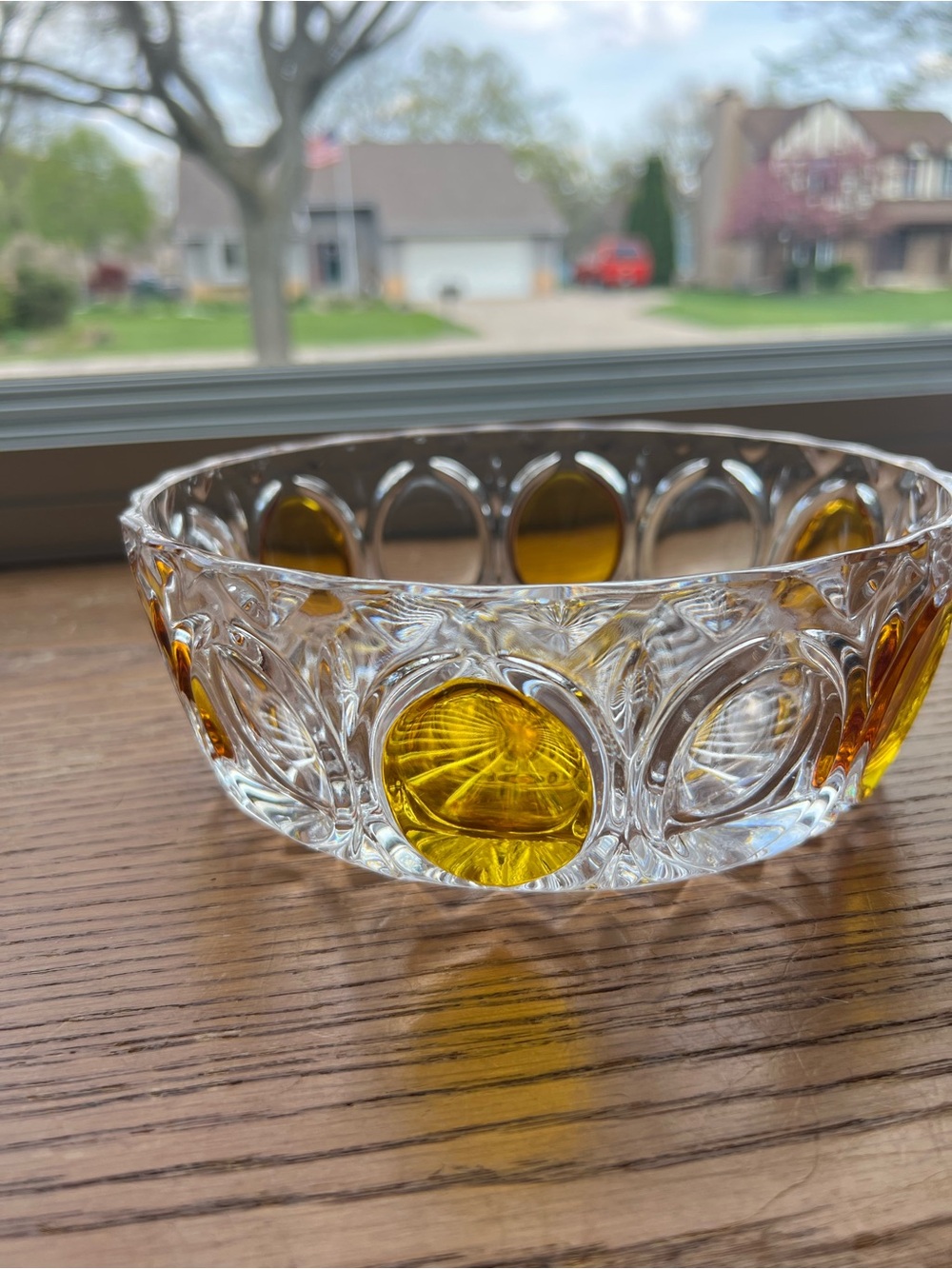 Vintage Beyer Clear Glass Decorative Bowl with Amber Medallions